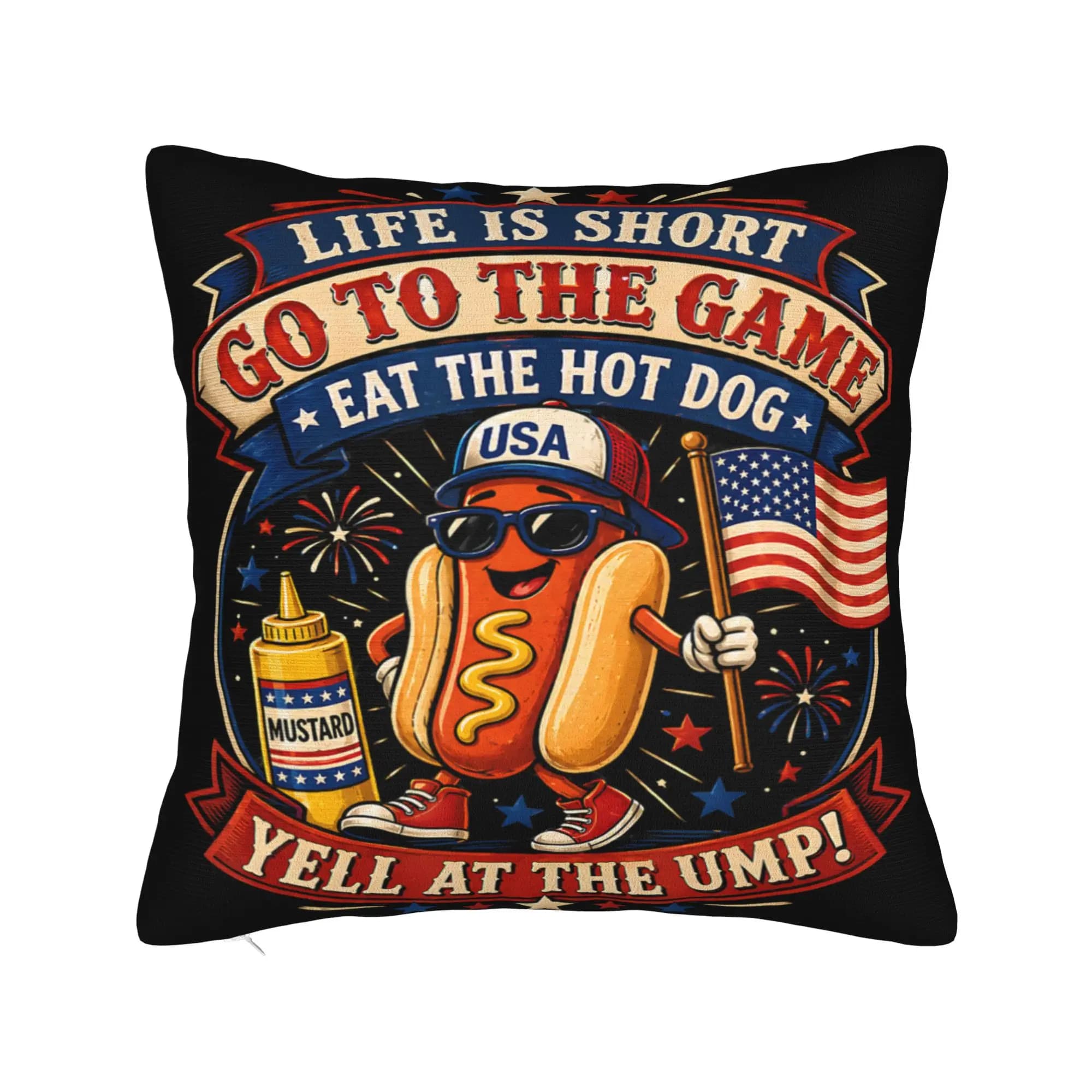 Fodera per cuscino decorativa Life is Short Go to The Game Eat The Hot Dog Yell At The Ump Fodera per cuscino con cerniera, misure multiple