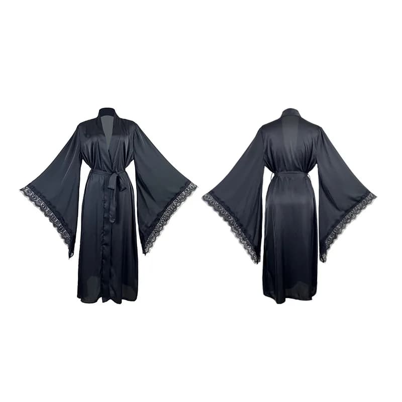 Camicia da notte di lusso in raso con maniche a corno in pizzo, scollo a V lungo, con lacci e spacchi, per donna, modello Cw91340