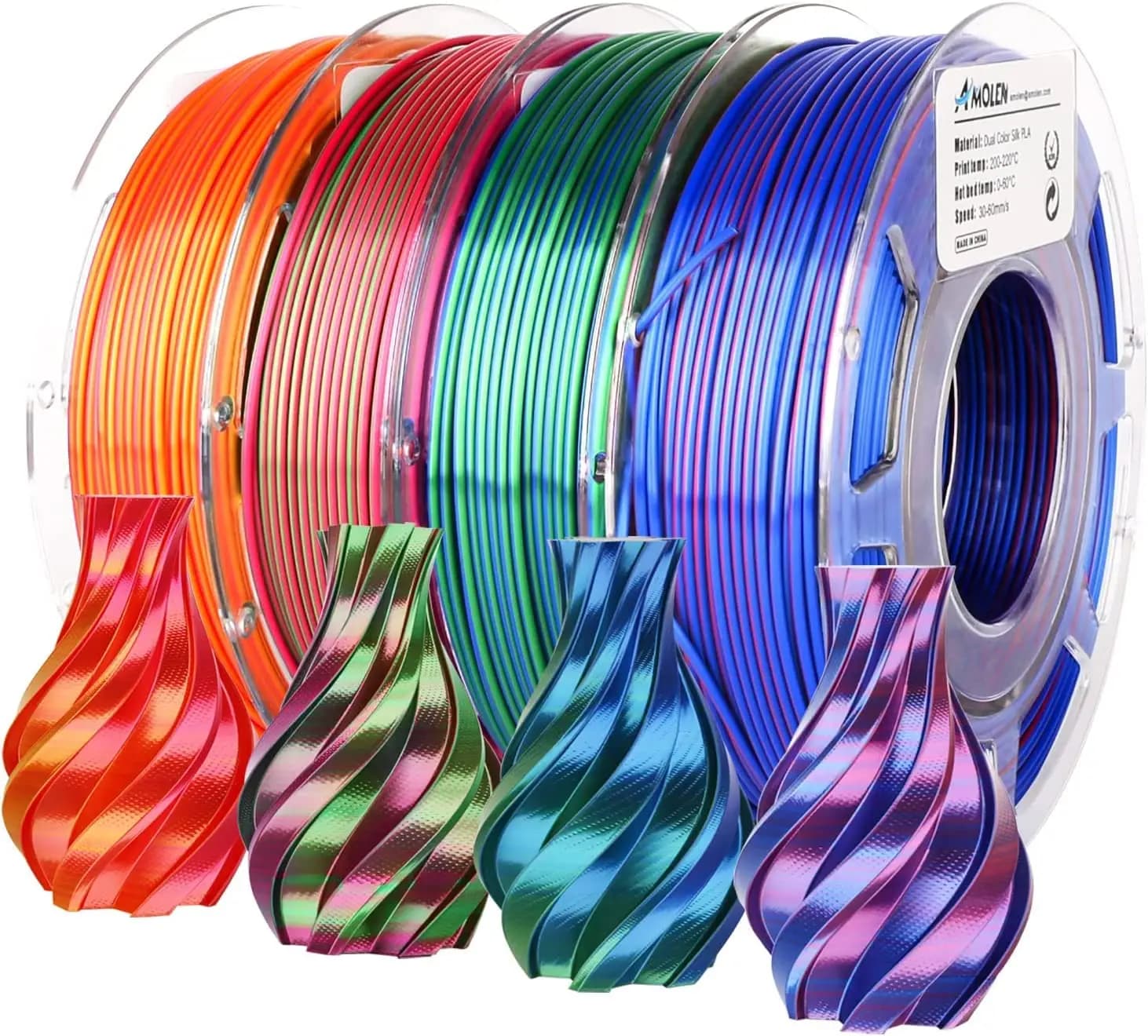 Filamento PLA Bicolore Effetto Seta 1.75mm, 4 Bobine da 200g Ciascuna, Pacchetto Filamenti Multicolore per Stampanti 3D FDM, Lucido e Facile da Usare