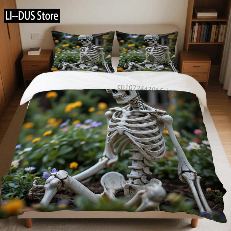 Set di biancheria da letto alla moda con scheletro di Halloween da 3 pezzi, incluso perfetto per l'uso domestico o in hotel che garantisce un sonno tranquillo ogni notte