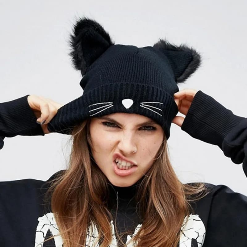 Wool Knitted Cat Ears Faux Mink Hats Warm Winter Hat for Women Female Beanies Bonnet Femme Skullies Fur Pompom Caps MZr19