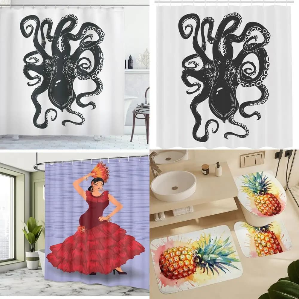 Underwater shower curtain with octopus, sea creature tentaclad in fabric bathroom furniture