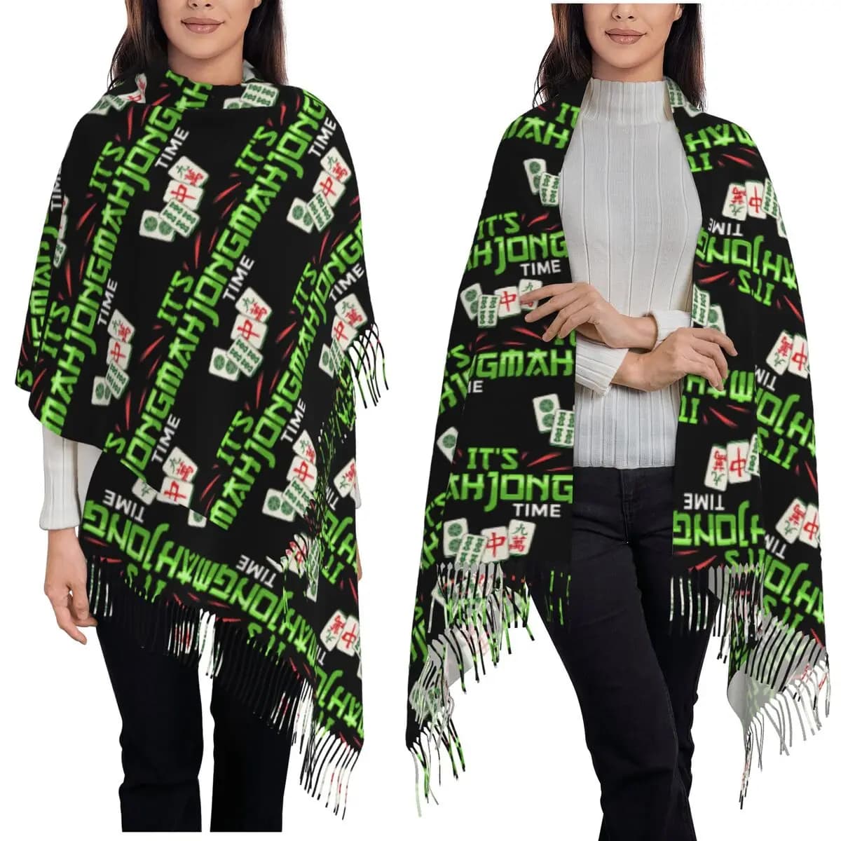 Mahjong Game Mah Jongg Giocatore online Piastrelle Sciarpa Sciarpe con nappe per donna Scialli e involucri caldi Grande scialle autunno inverno