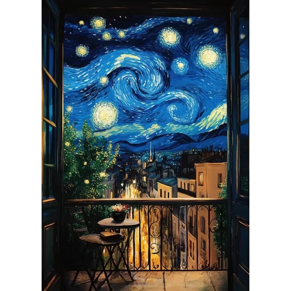 Starry Night Balcony View 500/1000/1200/2000 PCS Jigsaw Puzzles Van Gogh Style Living Room Decor No Frame Home Picture