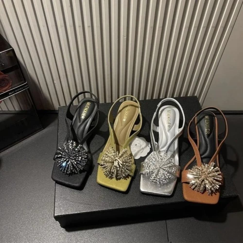 Sandali Open Toe con Strass a Fiore per Donna, Nuovi Modelli Estivi 2026, Scarpe con Tacco Alto Sottile Stile Fata per Esterni
