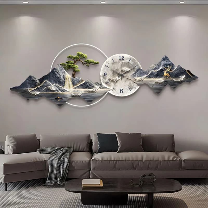 【Offerta Speciale】Quadro Moderno di Pittura Cinese con Orologio, Nuovo Stile Asiatico, Grande Paesaggio Artistico per Soggiorno, Decorazione da Parete per Sfondo Divano