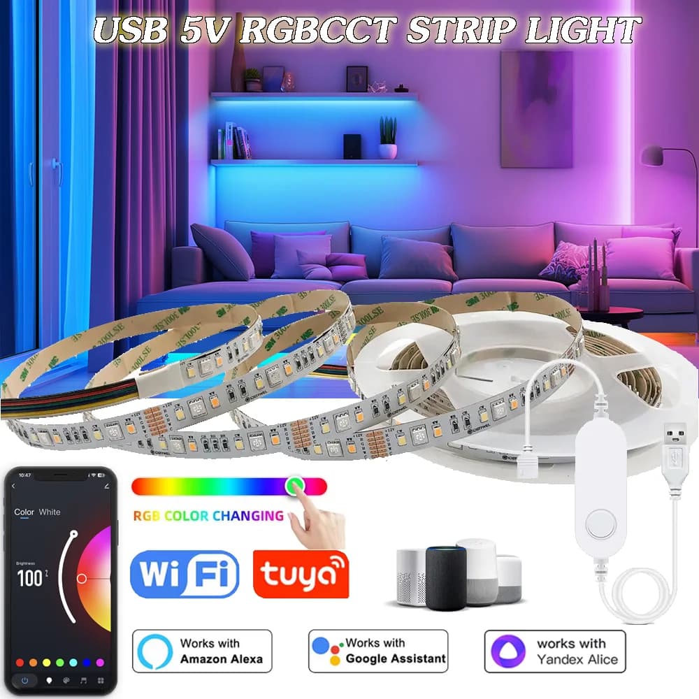 Tuya Wifi 5V USB Luci di striscia LED 5050 RGBCCT Ha condotto la luce Lampada flessibile Nastro APP Sala di controllo Festa TV Scrivania Camera da letto per Google