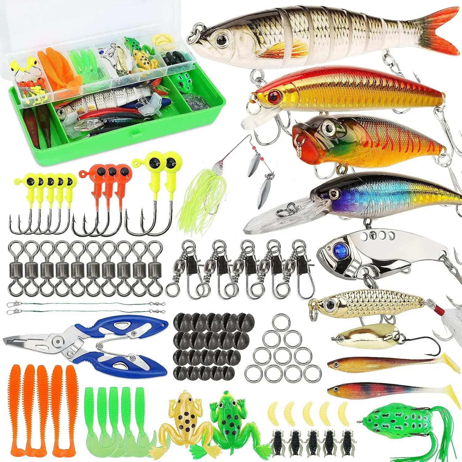 Kit di Esche da Pesca - Crankbait, Spinnerbait, Verme Morbido e Altro per Bass, Trota, Salmone