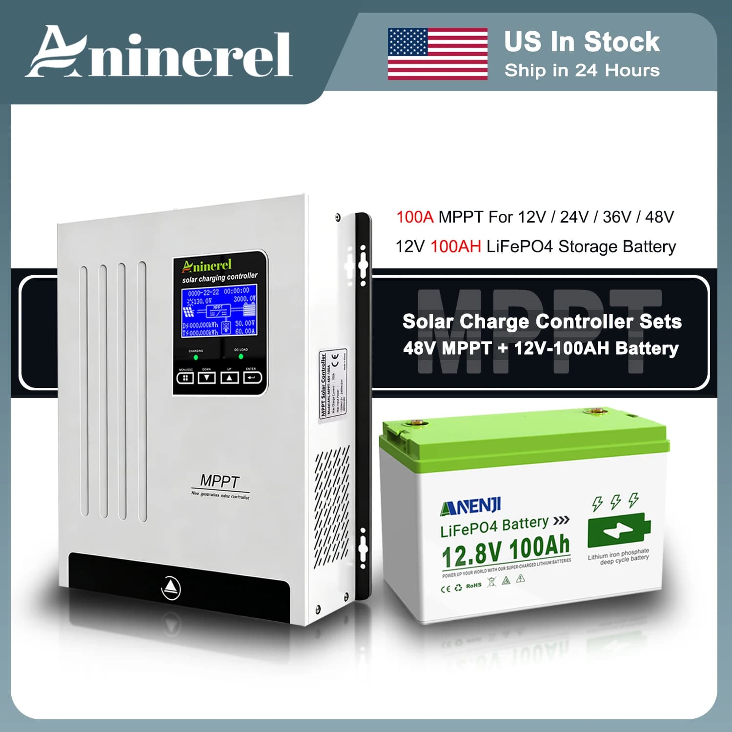 Aninerel 100A Solar Charge Controller and 12V-100AH Battery Sets 48V-100AH MPPT Intelligent Regulator Solar Controller For 12V/24V/36V/48V LiFePO4 Battery US In Stock