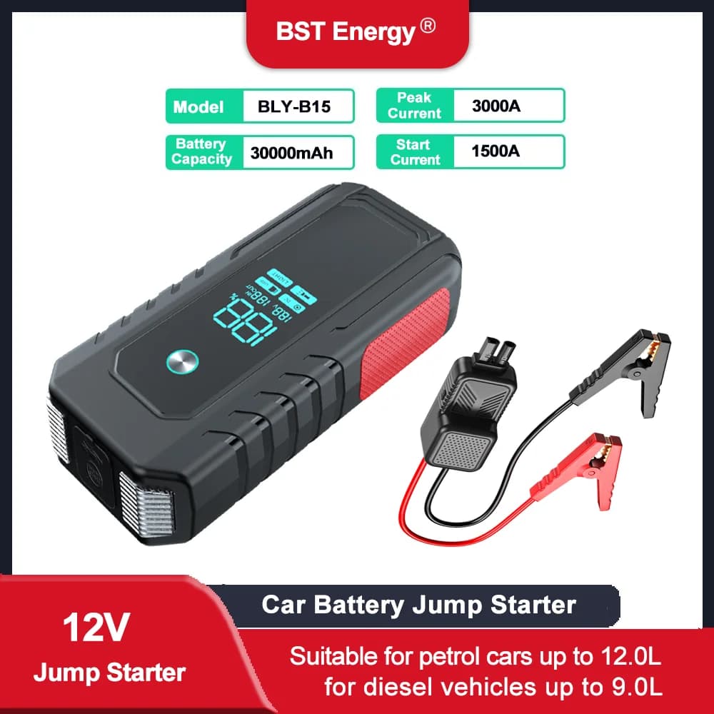Avviatore di emergenza per batteria per auto di picco 3000A 2000A 1600A 1000A Batteria di avviamento di emergenza per auto portatile, avviamento 12V con PD140W, USB, luci