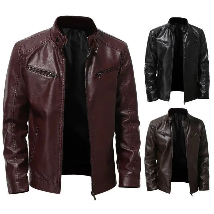 Business Gentleman Warm Zipper Cardigan Pocket Decorative PU Stand Collar Slim Fit Leather Jacket Long Style Casual Fashion