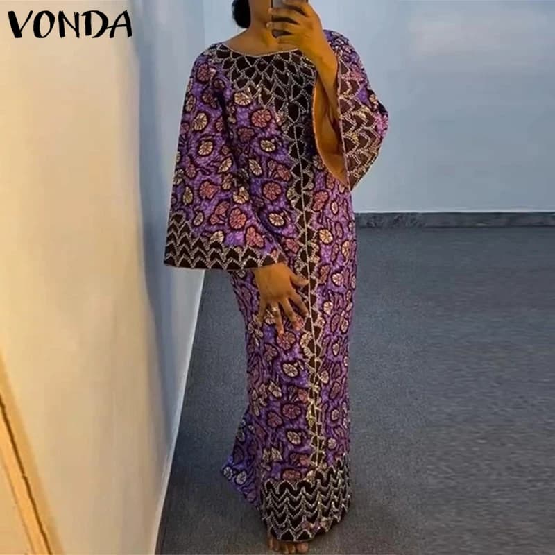 Plus Size VONDA Bohemian Dress 2026 Summer Elegant Women Printing Sundress Vintage Flare Long Sleeve Maxi Vestidos O-Neck Robe