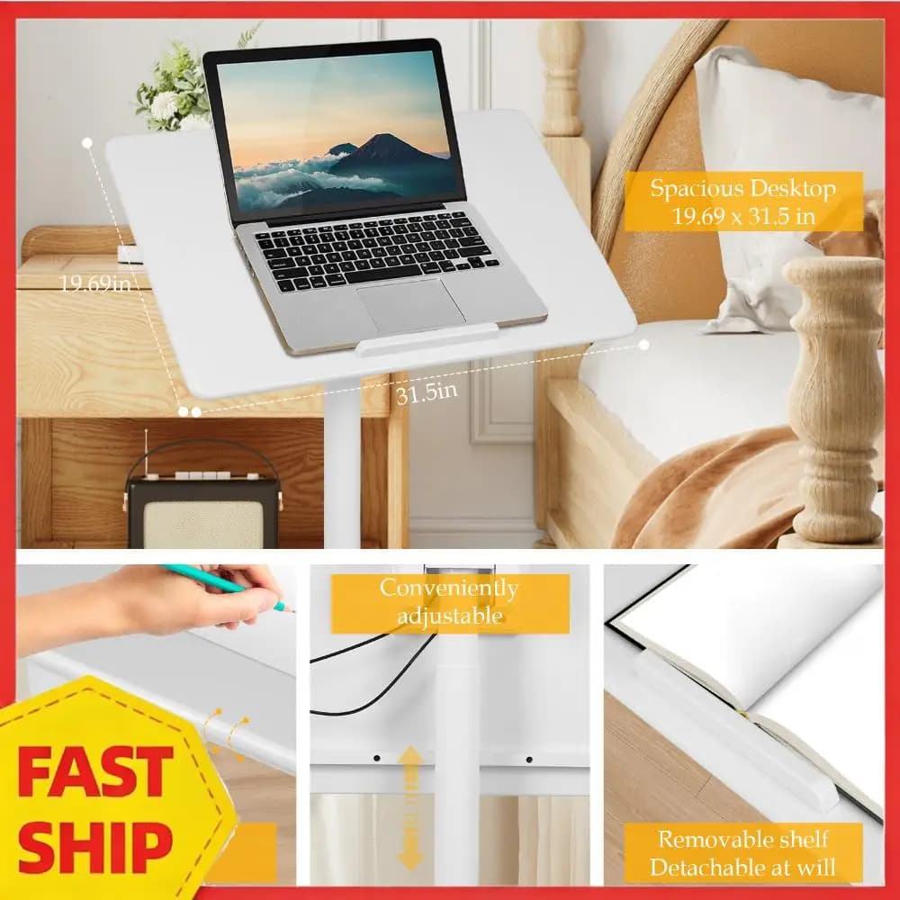 Scrivania per Laptop Regolabile in Altezza con Ruote, Inclinabile a 90 Gradi, 80cm, per Casa, Ufficio e Aula