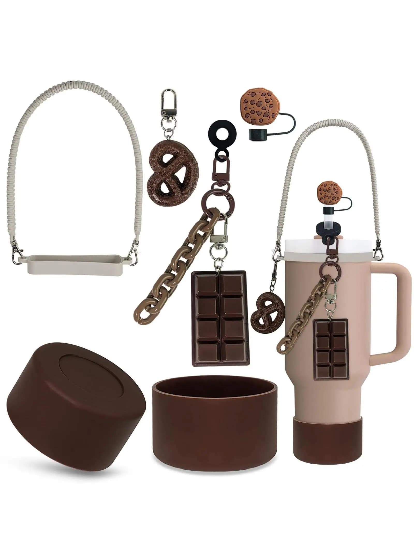 Hot Selling New Coffee Cup Holder Sleeve Chocolate Keychain Pendant Cookie Straw Lid Silicone Water Bottle Hand Strap