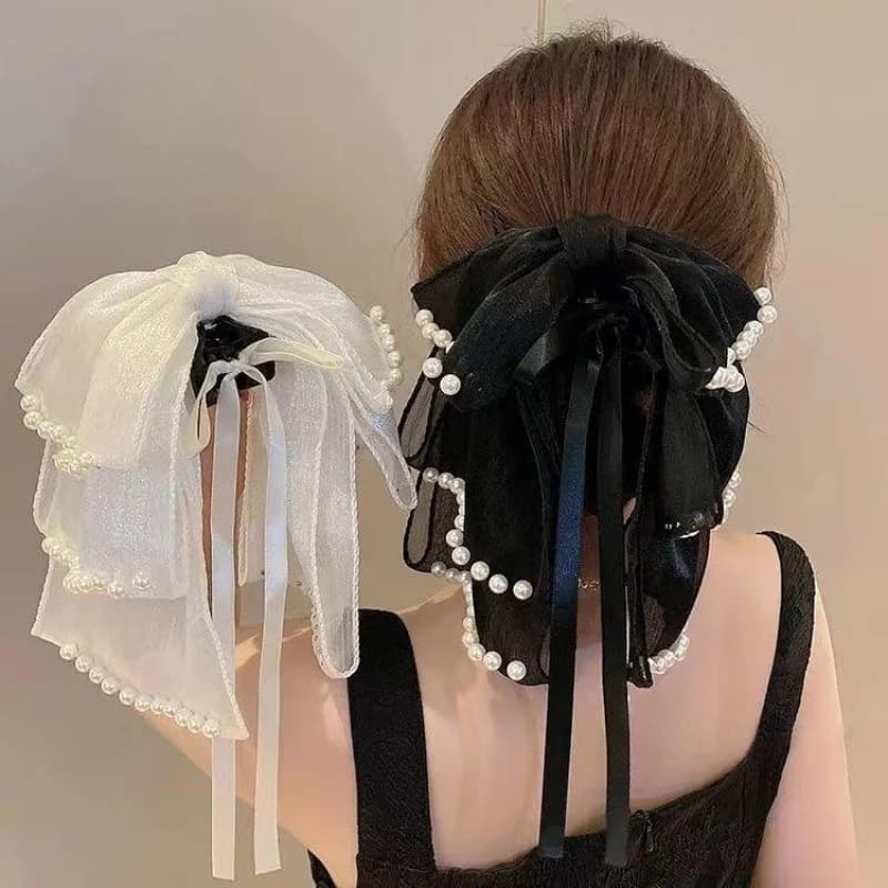 Accessorio per capelli da donna, fiocco in nastro con perline, clip di squalo per coda di cavallo