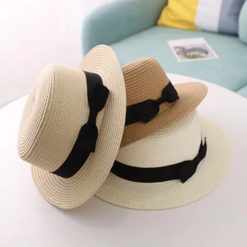 Nuovo Cappello Estivo in Paglia per Bambini e Bambine, Modello Bowler/Derby con Tesa Piatta Rotonda, Cappello da Spiaggia e Sole