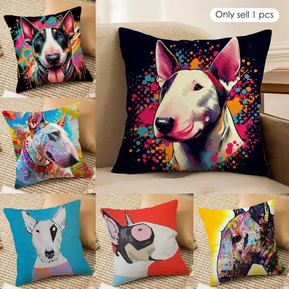 Cartoon Bull Terrier Series Cushion Cover Silky Short Plush Invisible Zipper Dustproof Sofa Pillow Case For Home Decor
