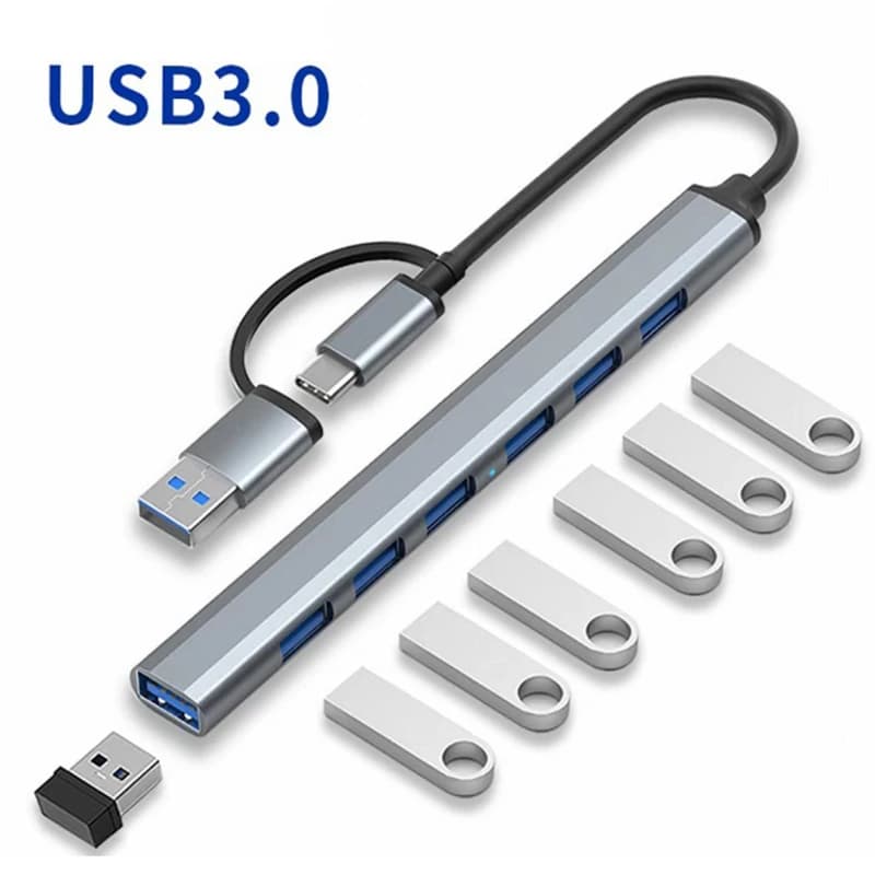 7 porte USB 3.0 HUB Tipo C Extender Cavo USB Splitter per Tablet Tastiera Mouse Disco USB Telefono in alluminio Adattatore di estensione USB