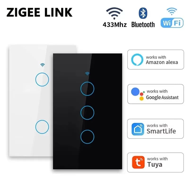 Tuya WiFi Smart Light Switch Interruttore da parete con controllo touch in vetro standard americano 1/2/3/4 Gang Nessun neutro necessario RF433 Alexa Google Home