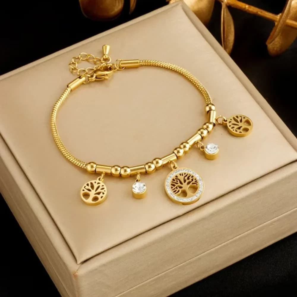 Bracelet with crystal zircone pendant with gold-colored stainless steel life tree with luxury temperament for jewelry with women's pendants