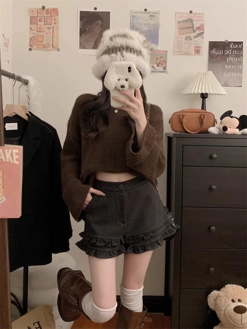 plus Size Autumn Winter High Waist Flared Leg Pants Korean Style Commute Wind Double Layer Grey Woolen Short Boots Shorts
