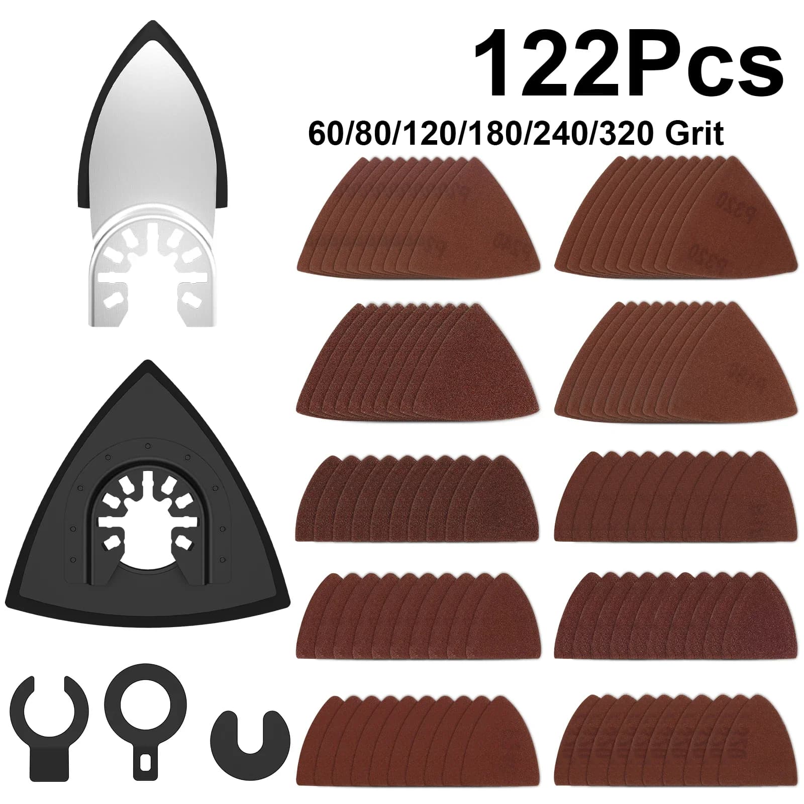 122Pack Rettifica Triangolo Oscillante Carta Vetrata Triangolare Levigatura Pad Gancio Loop60/80/120/180/240/320 Grana Per Multiutensile
