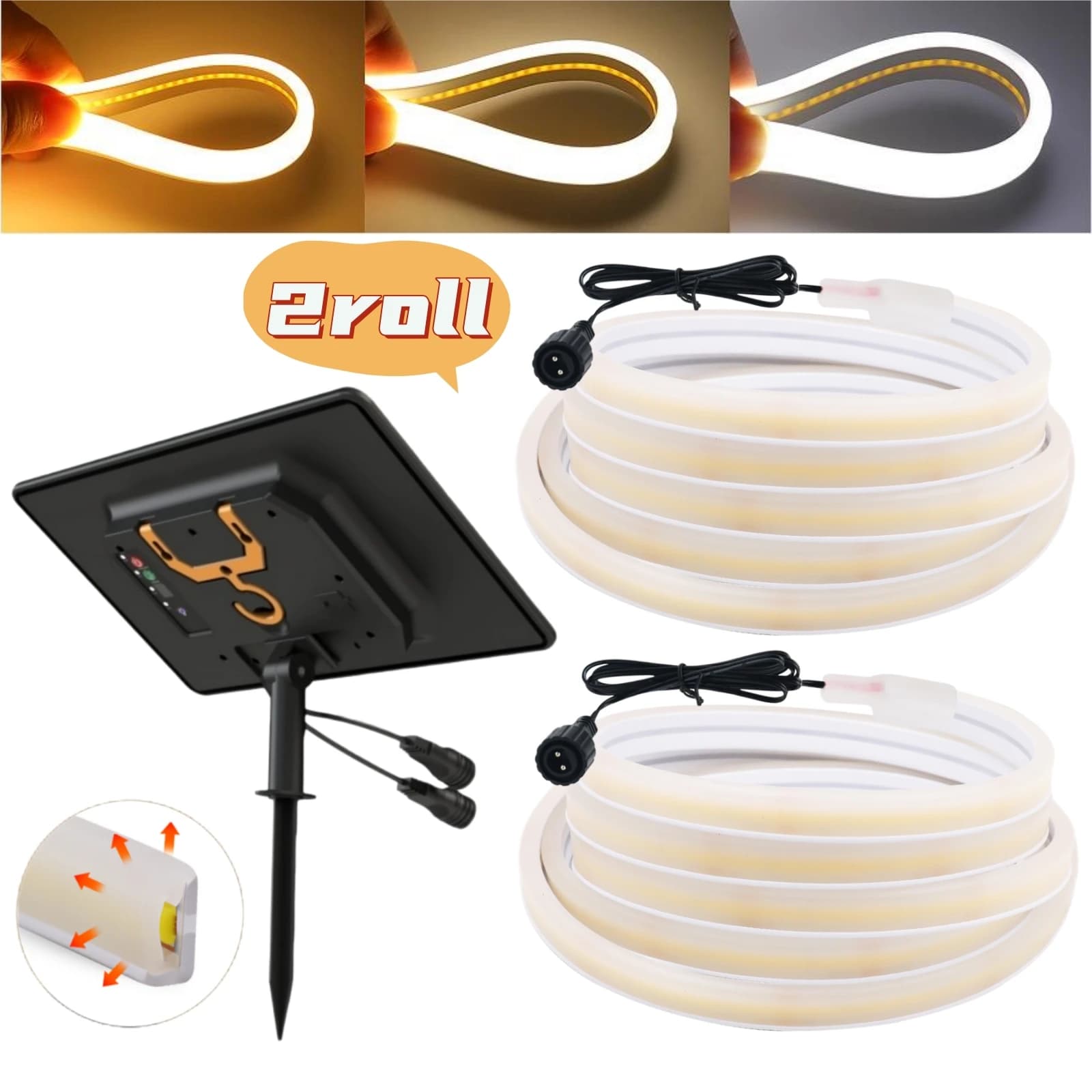 Striscia LED Neon Solare COB 320 LED/m, 20m (2 rotoli da 10m), Impermeabile, Flessibile, Illuminazione Lineare a Doppia Faccia, Bianco Caldo