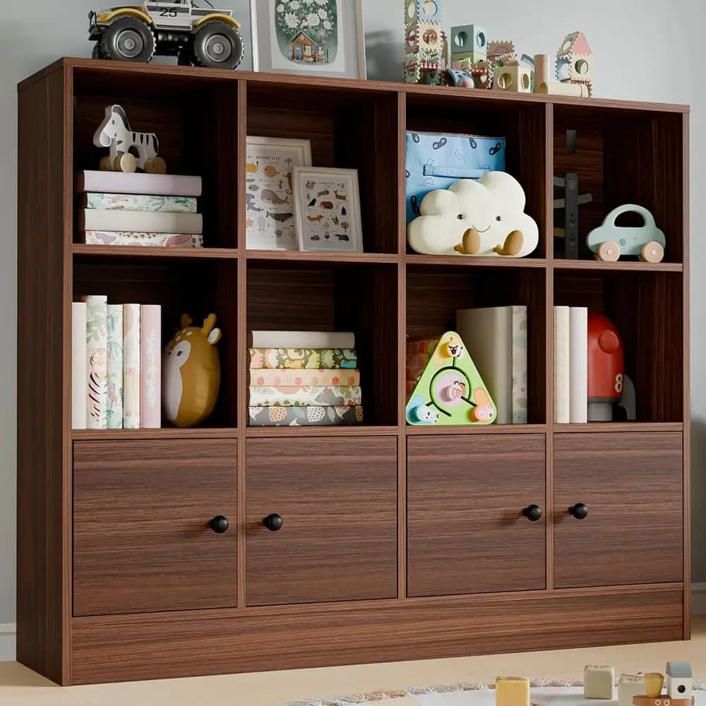 Bookcase in brown wood, shelves with 12 cubes with 4 doors, 3 level storage cabinet with adjustable shelves per bedroom, living room