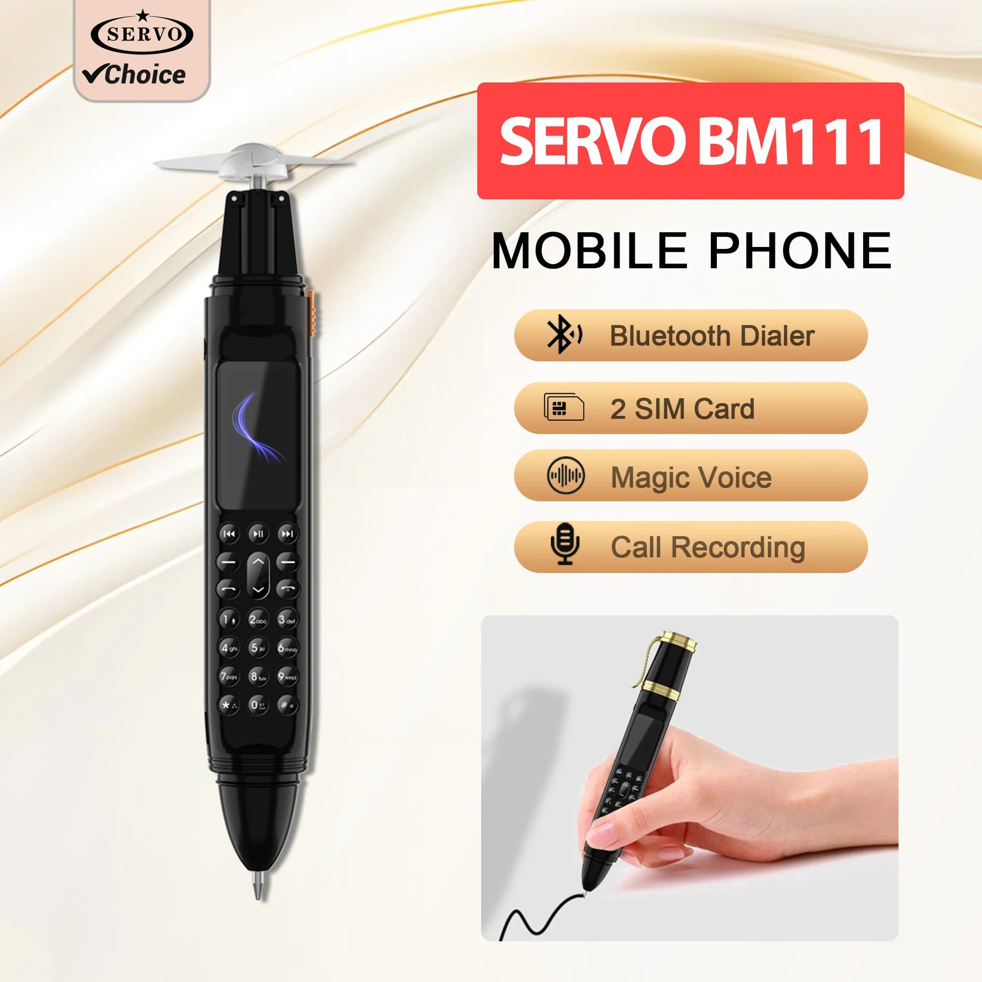 SERVO BM111 Penna Ventola portatile per telefono cellulare Dual SIM Quadrante Bluetooth Registra voce magica Radio FM 2G GSM Ventola per penna per scrittura a mano 3 in 1