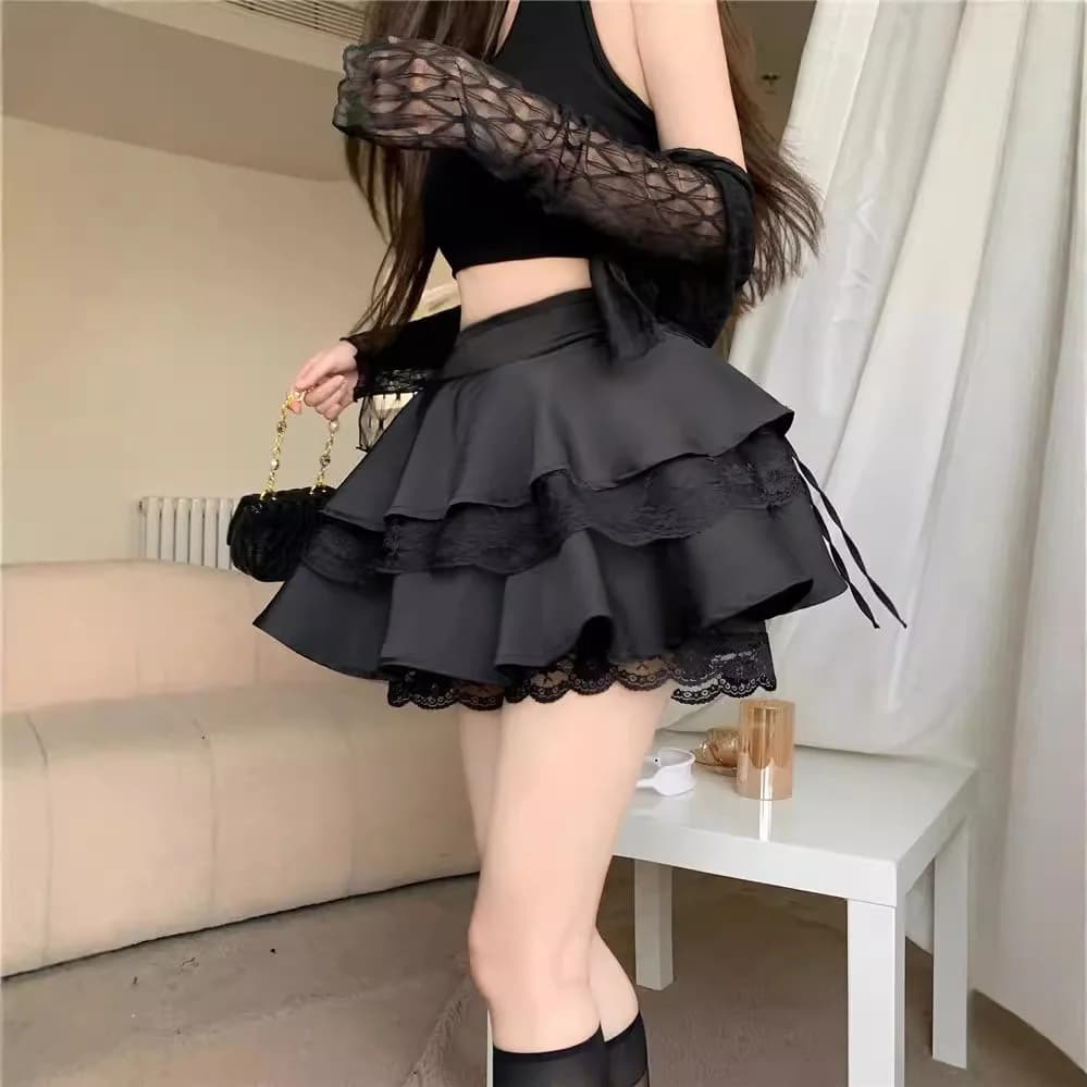 Ballet Style Lace Patchwork Black Skirt Women's High Waist Slim A-Line Half-length Puffy Skirt Cake Skirt Trendy