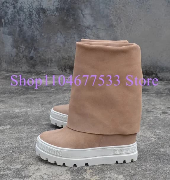 New Beige Color Platform Woman Boots Fashion Design 8cm Increasing Heel Wedge Shoes Lady Casual Short Boots
