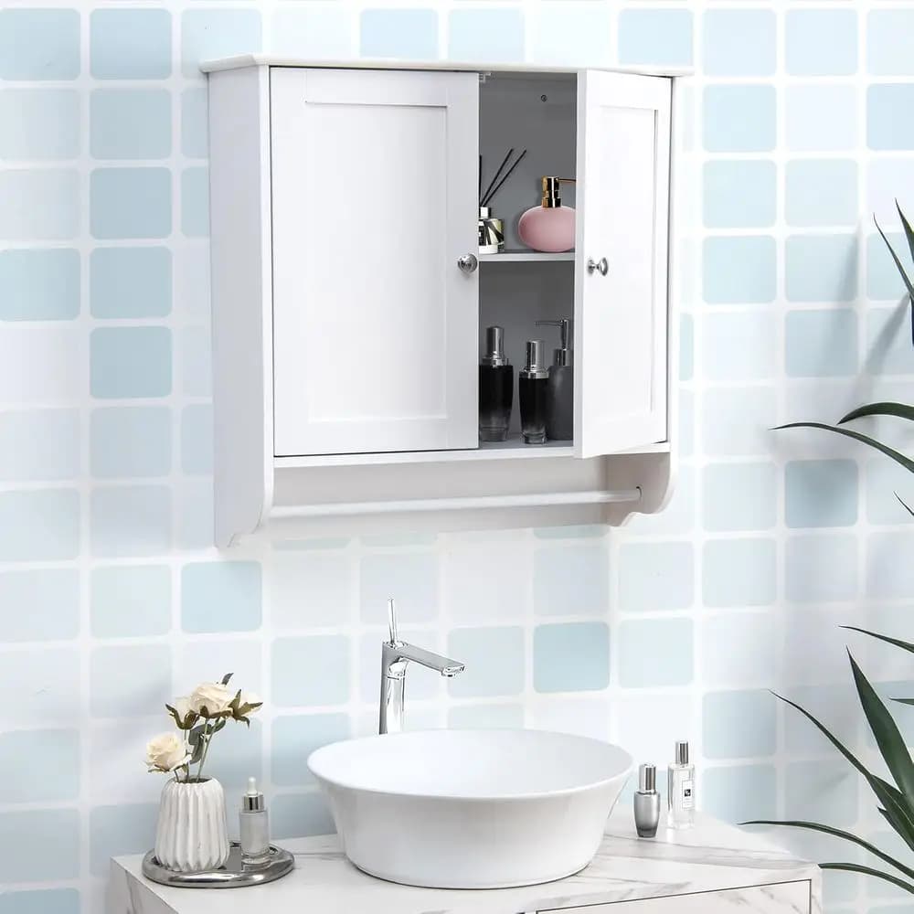 Armadietto da Bagno a Parete - Sopra il WC, con Doppia Anta, Ripiani Regolabili e Portasciugamani
