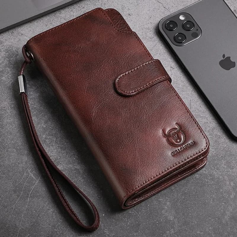 Portafoglio Lungo da Uomo in Vera Pelle, Blocco RFID, Bifold con Cinturino da Polso, Porta Carte Multiplo e Tasca con Cerniera, Pochette Business Casual
