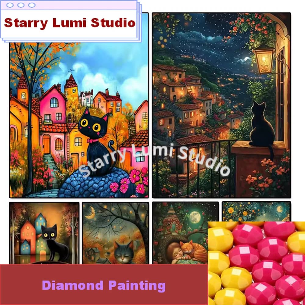 Kit Pittura Diamante 5D Fai da Te Paesaggio Colorato Gatto Nero Nuovo 2025, Mosaico Diamantato con Diamanti Quadrati e Rotondi Completi, Decorazione Artistica per la Casa