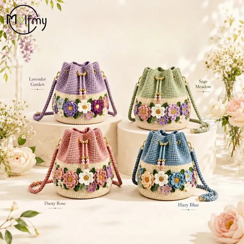 Handmade Crochet Bucket Bag Flower Tote Knit Floral Purse Bag Woven Embroidery Handbags Crossbody ShoulderBag for Women Vacation