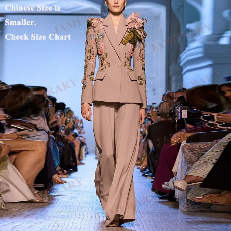 Autumn Luxury Two Pieces Women Blazer Dress 3D Relief Coats Flower Long Jacket Gamba Pants Larga Crystal Dresses Formal Dresses