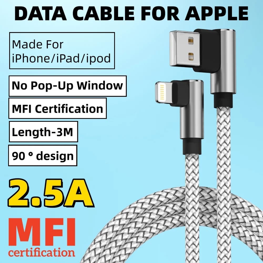 ANSEIP Cavo USB per illuminazione per iPhone13 12 11 Pro Max Xs 8 Plus Cavo iPad 2.4A Adattatore ad angolo retto Cavo per caricabatterie dati lungo 3 m