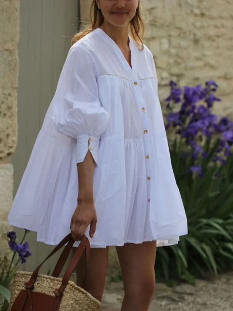Women's Solid White Above Knee Pleated Dress V-neck Puff Sleeves A-line T-shirt Top Spring and Summer Casual Streetwear Dresses