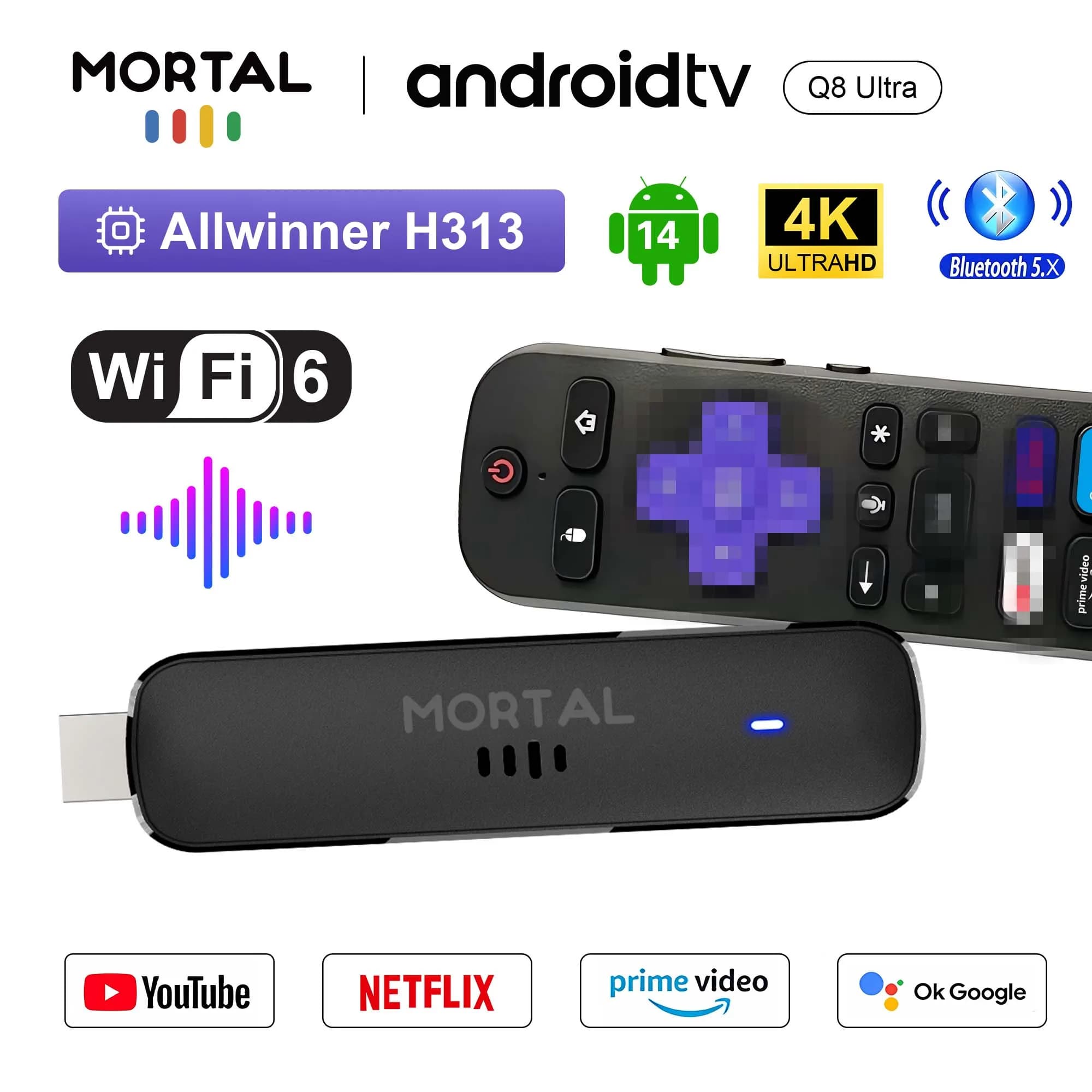 Mortal Q8 Ultra Android 14 TV Stick Full HD 4K 1080P WiFi 6 Netflix Youtube TV Dongle BT5.0 Decoder video wireless Lettore multimediale