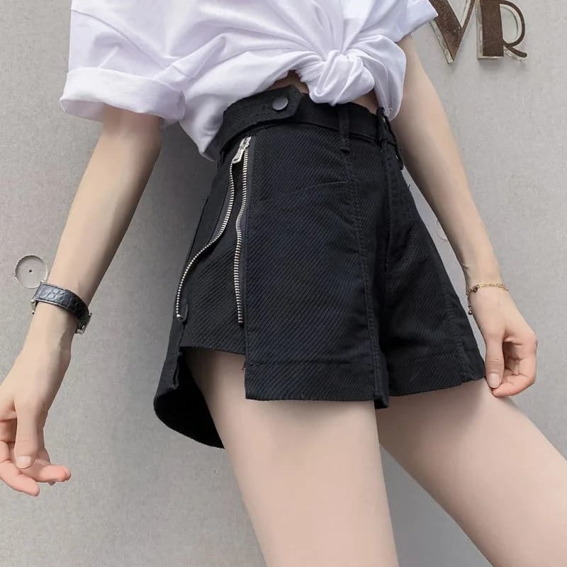 Shorts in denim da donna, modello dritto, con cerniera laterale e spacco, per outfit estivi, abbigliamento da club, pantaloncini a gamba larga.