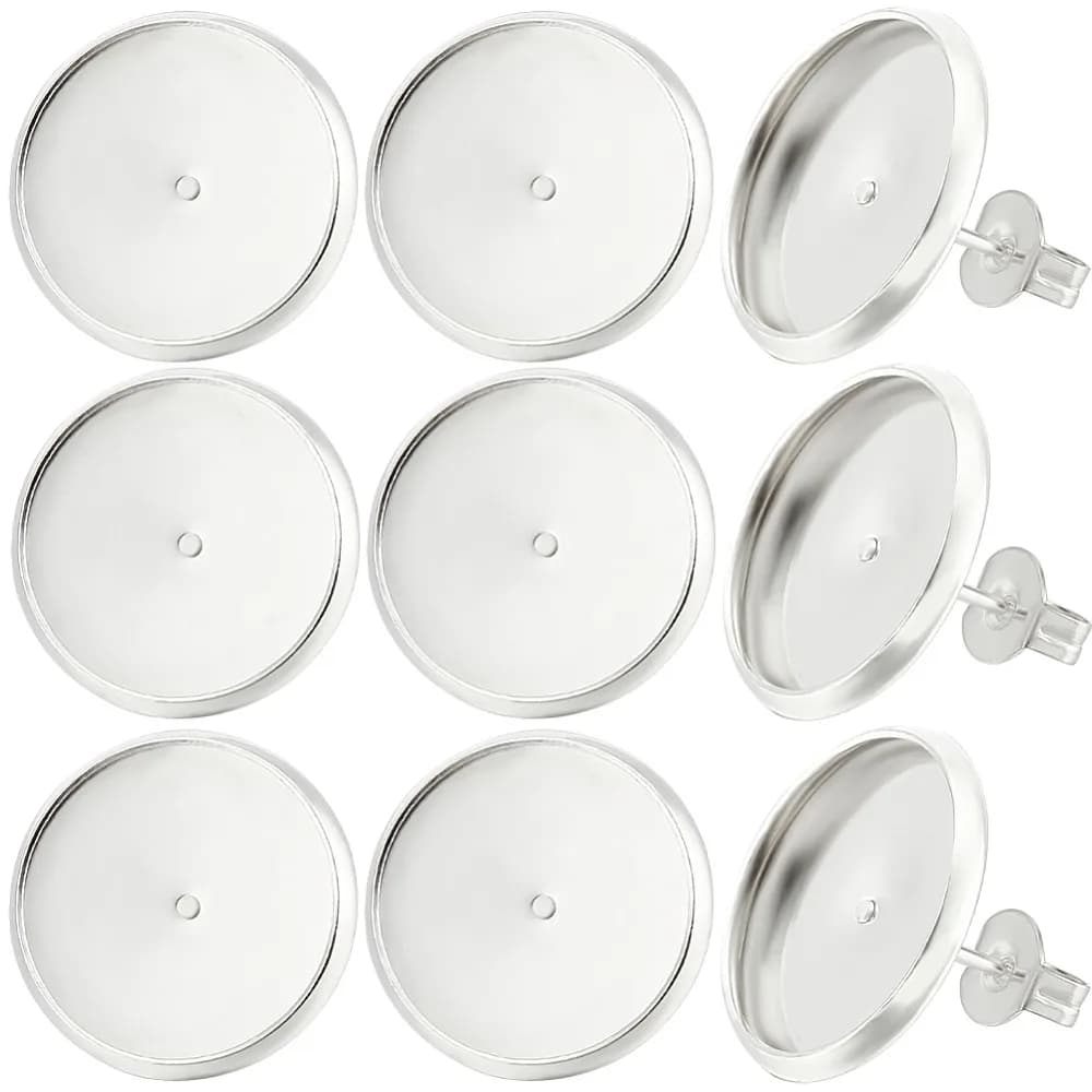 20Pcs Brass Stud Earring Settings Flat Round with 20Pcs Friction Ear Nuts 925 Sterling Silver Plated 16mm Tray: 14mm