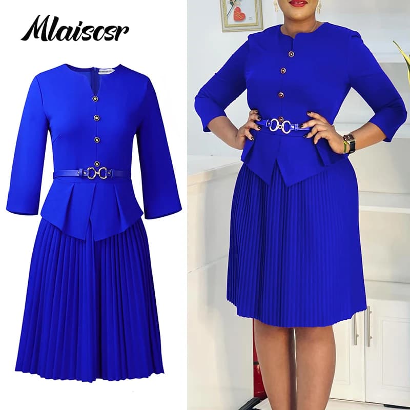 Mlaiscsr Elegante Abito da Ufficio con Cintura per Donna Blu O-Collo Peplo Pieghettato Maniche a 3/4 Africano Donna Autunno Abiti da Sera Veste