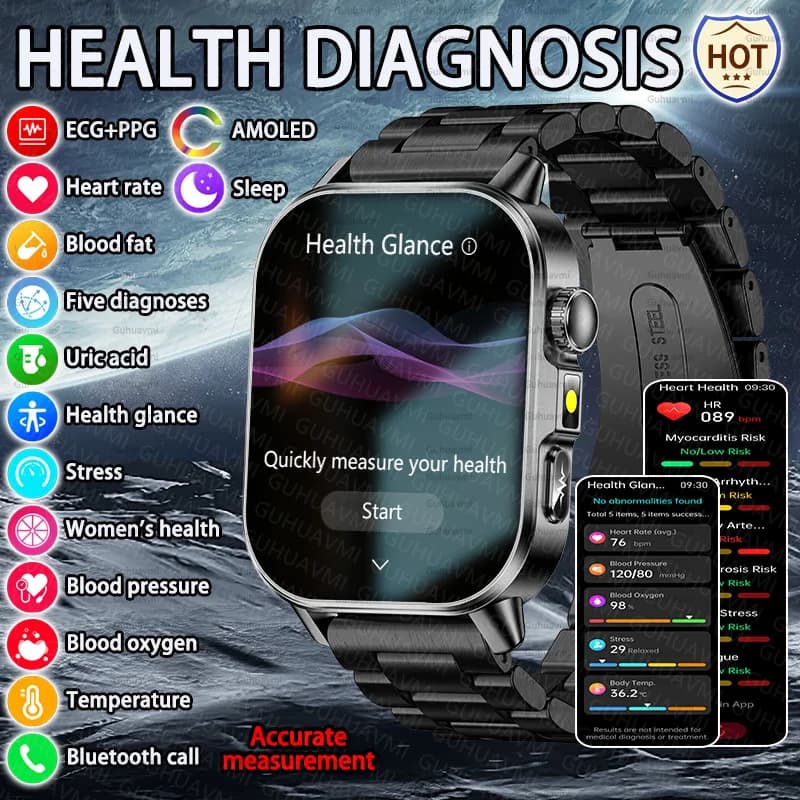 Nuovo Smartwatch per Uomo e Donna con Diagnosi Sanitaria, ECG, Pressione Sanguigna, Ossigeno nel Sangue, Frequenza Cardiaca, Temperatura Corporea, Compatibile con iOS e Android, Chiamate BT