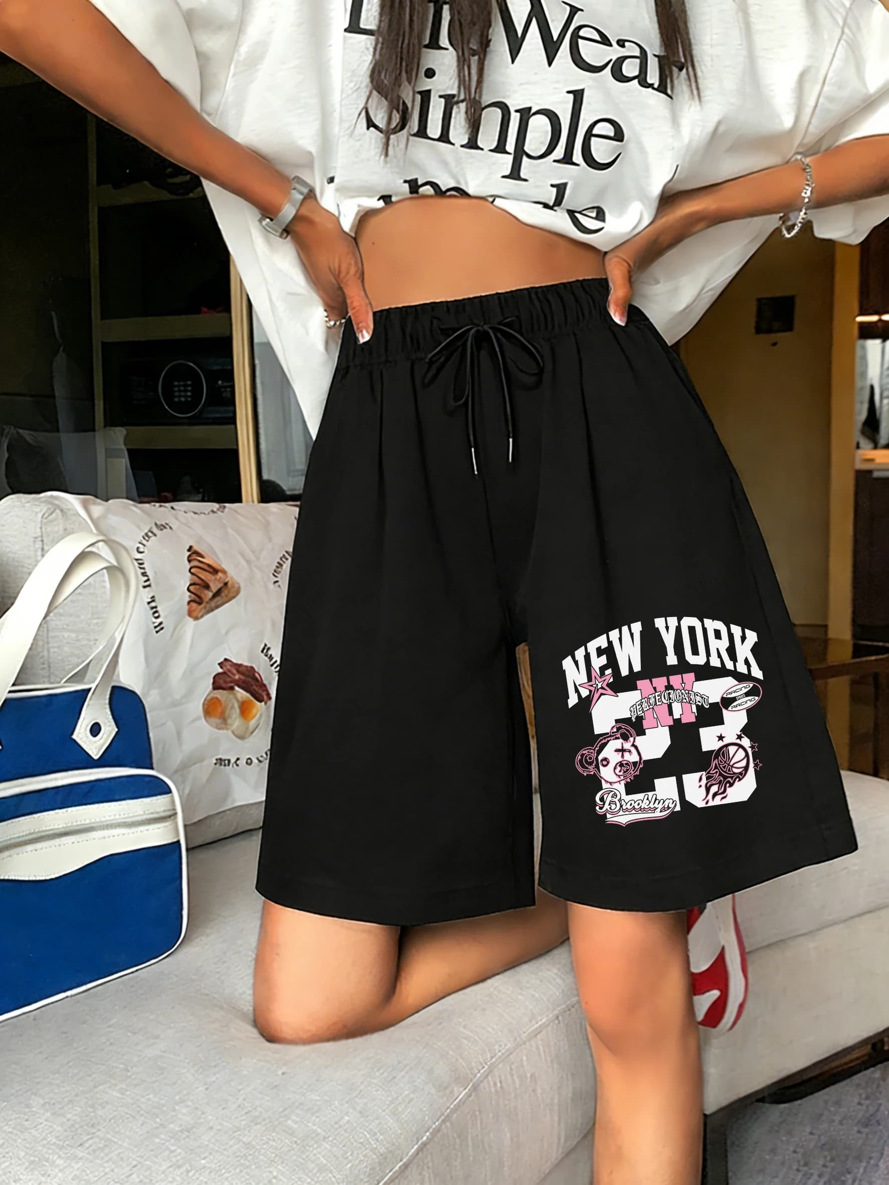 Pantaloncini sportivi da donna con stampa creativa New York Number 23, pantaloni neri elasticizzati da palestra, costumi da bagno estivi, abbigliamento a gamba larga