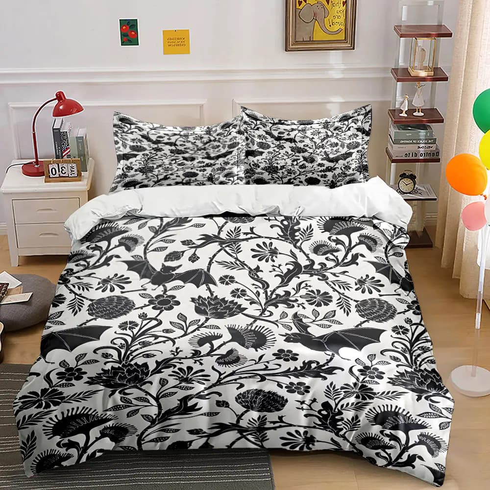 Set copripiumino con motivo neri pipistrelli e fiori intrecciati, stampa digitale, biancheria da letto colorata in poliestere con chiusura a cerniera, ideale come regalo.