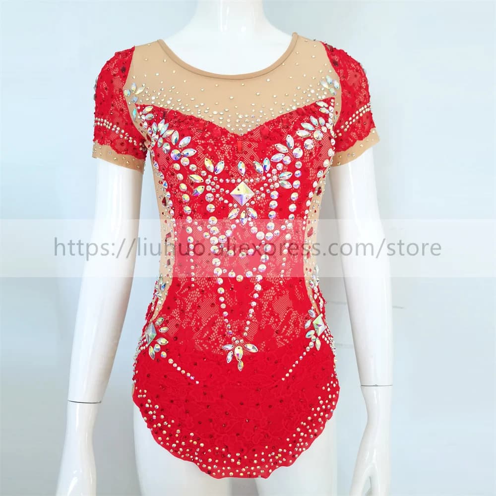 LIUHUO Donna Ragazza Costume Prestazioni Ginnastica Ritmica Concorso di Balletto Body Pattinaggio di Figura sul Ghiaccio Vestito Rosso Adolescente Danza Kid