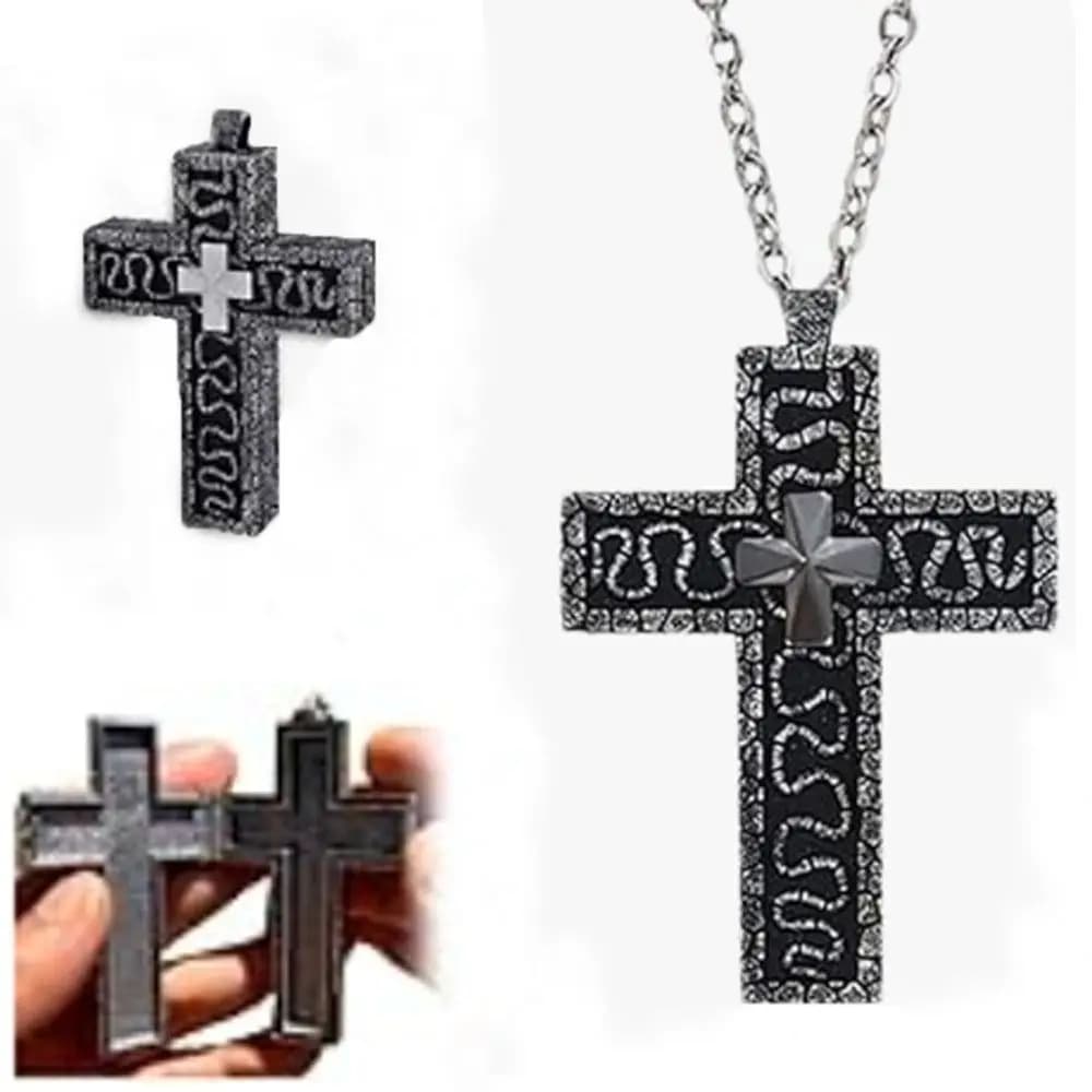 with Secret Compartment Cross Pendant Necklace Openable 3D Printed Chain Pendant Necklace Stainless Steel Vintage Charm Jewelry