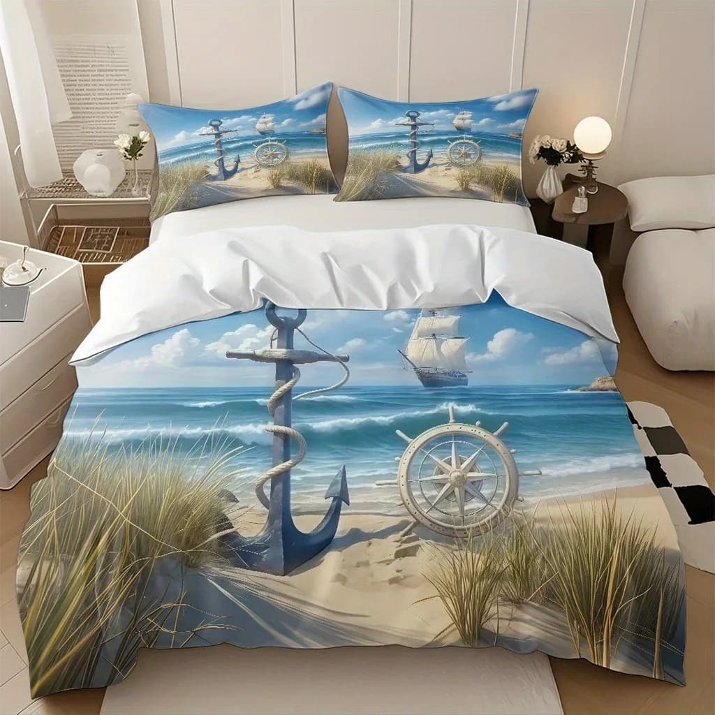 Nautical Ocean Beach Duvet Cover Set 3Pcs Anchor Ship Wheel Sailboat Printed Bedding Set Coastal Bedroom Decor Pillowcases