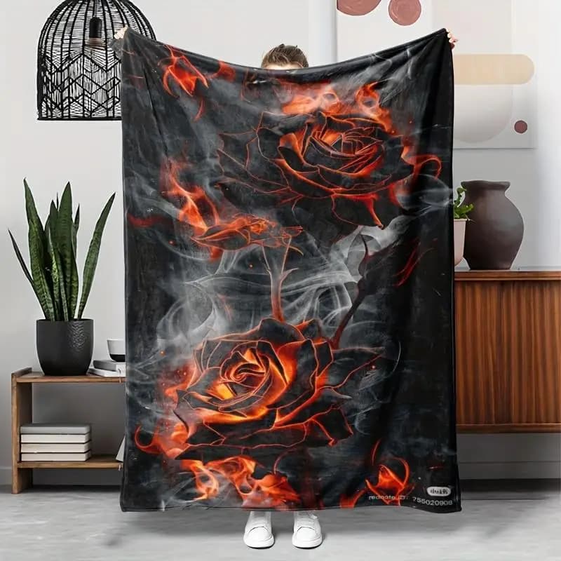 Retro red and black rose flower pattern Flannel printed blanket suitable for all seasons for living room office sofa and travel
