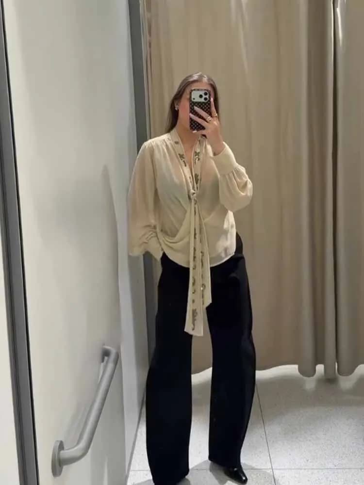 HH Donna Estate Moda Elegante Maniche Lunghe Profondo Scollo a V Tessuto Georgette Perline Sciarpa Decorazione Camicia Sexy Top Dolci Femminili